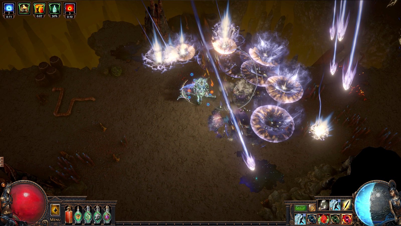 Path of Exile Mercenaries of Trarthus - The new Starcaller axe calls down projectiles from the sky.