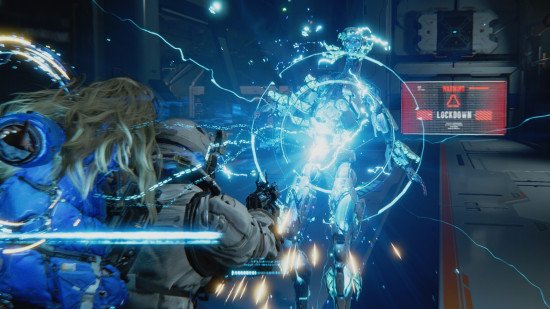Pragmata preview: the protagonist shoots at an enemy, causing an eruption of electricity.
