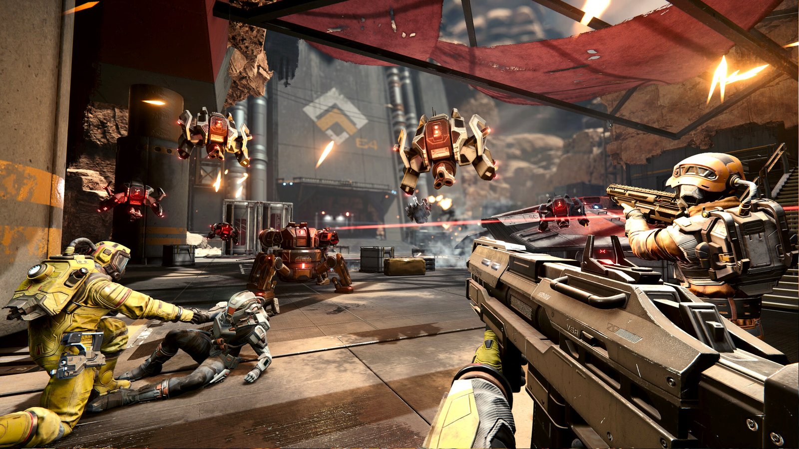 Jump Ship - Players take on a group of incoming robots, with one person helping another off the ground as two more provide covering fire.