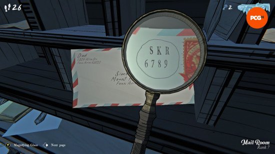 A magnifying glass reveals three letters circled on an envelope in Blue Prince.