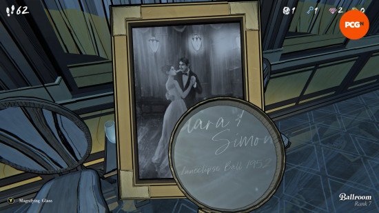 A magnifying glass picks out the names and dates of a photograph and its subjects in Blue Prince.