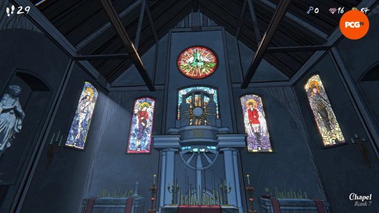 The church as it appears in Blue Prince, with stained glass windows gleaming in the light.
