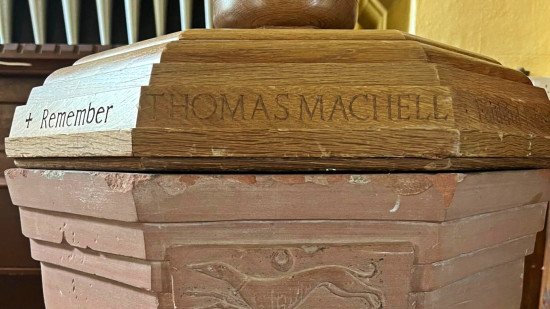 Thomas Machell, the name inscribed in the font of the Kirkby Thore church.