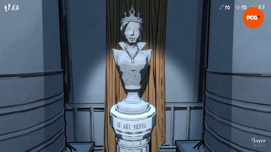 One of the statues that appear in Blue Prince, with a puzzle that bears a resemblance to the IRL puzzle we solved.