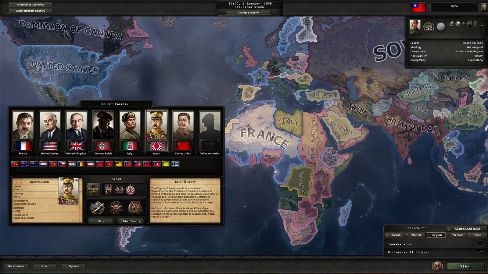 hearts-of-iron-4-factions-rework-map-ww2-gsg Hearts of Iron 4 - The country select screen in Paradox Interactive's WW2 GSG.