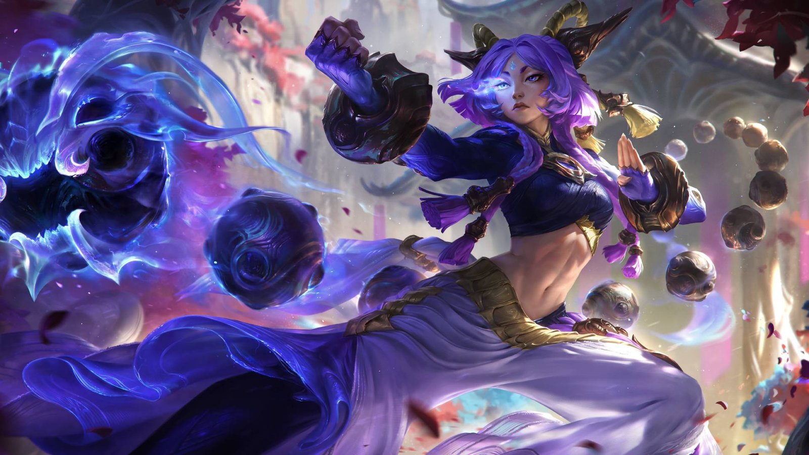 league-of-legends-yunara-abilities-new-lol-champion-adc A woman with purple hair and horns wearing traditional Japanese stands in a martial arts stance in a dojo