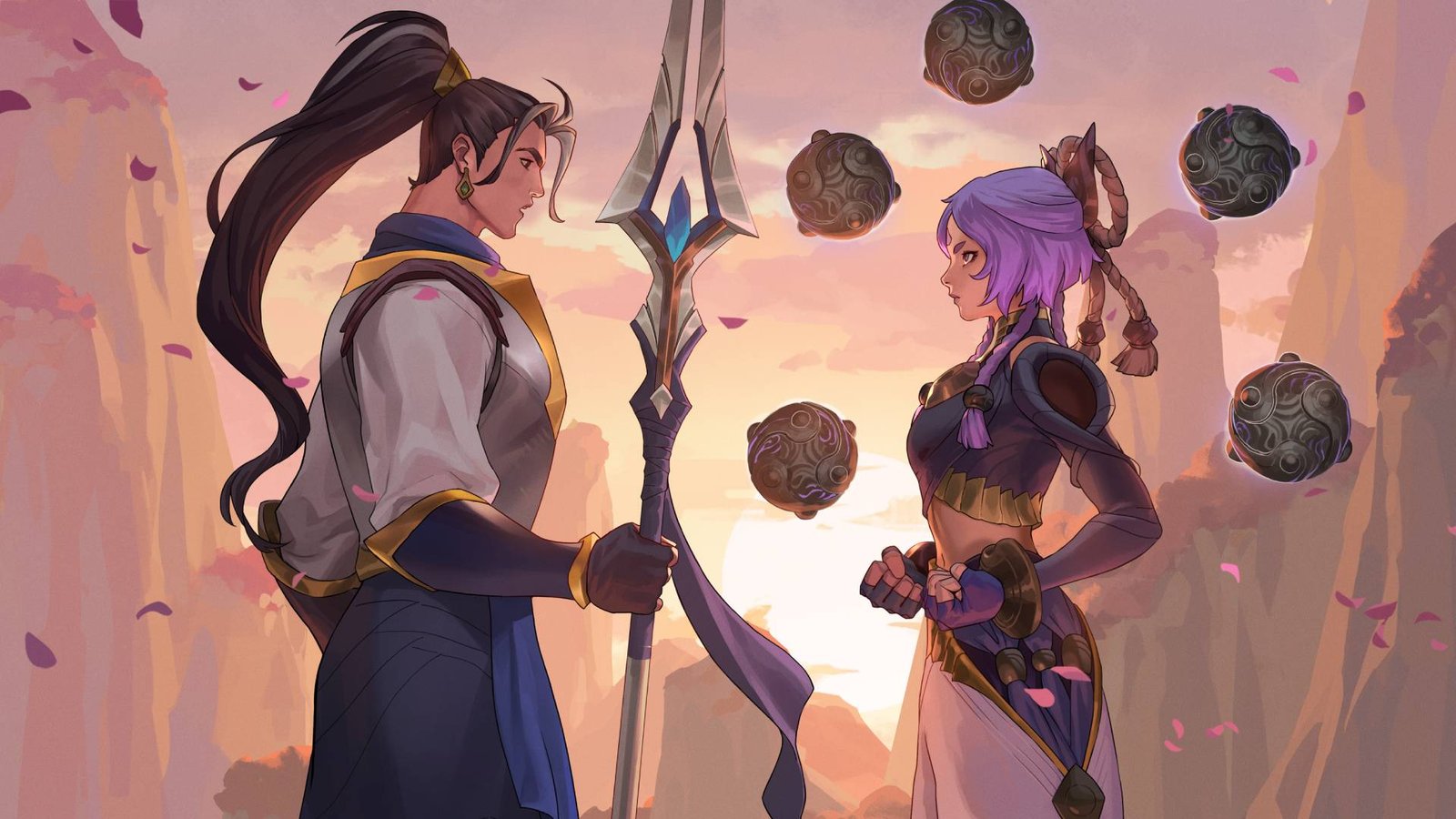 league-of-legends-new-lol-champion-yunara-abilities-mini-game-brawler Two anime characters, a man wearing armor holding a lance with his hair tied back standing across from a woman with purple hair and prayer balls surrounding her, in a mountain area
