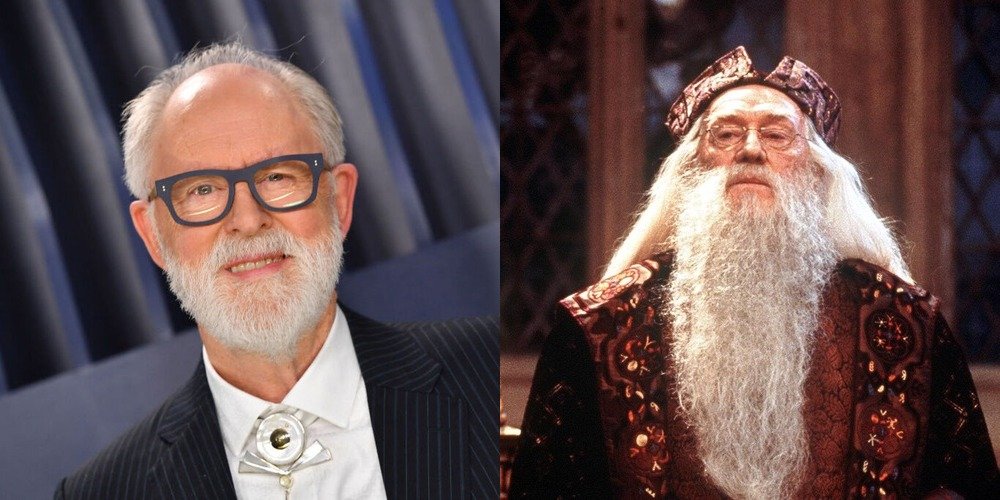 Left: John Lithgow at the Screen Actors Guild awards in Los Angeles in February 2024. Right: Richard Harris as Dumbledore in an undated photo from set.