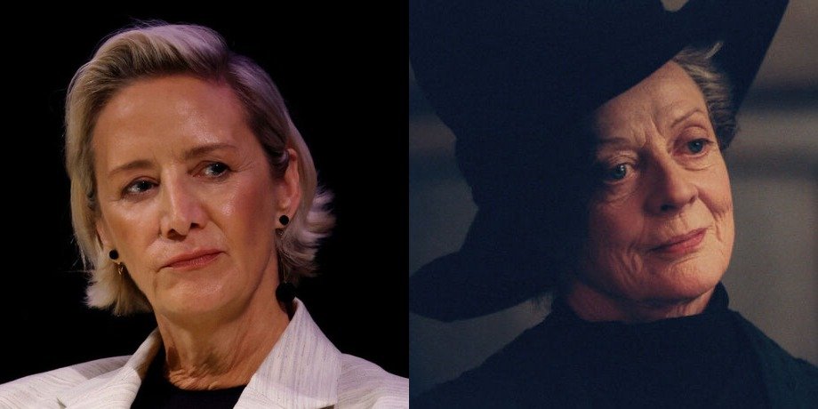Left: Janet McTeer during a BAFTA TV preview for "Kaos" in London in August 2024. Right: Maggie Smith as Minerva McGonagall on set in 2003.