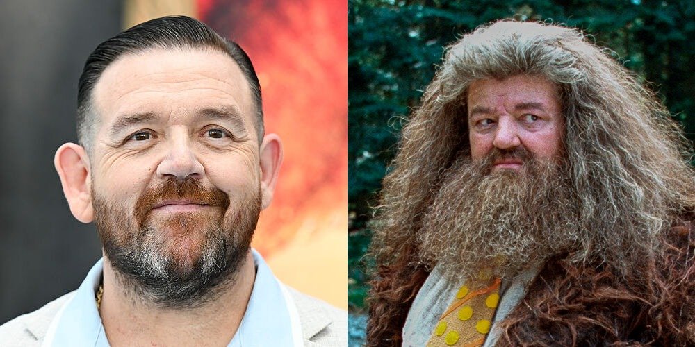Left: Nick Frost at the "How to Train Your Dragon" premiere in Los Angeles in June 2025. Right: Robbie Coltrane as Rubeus Hagrid on set in 2003.