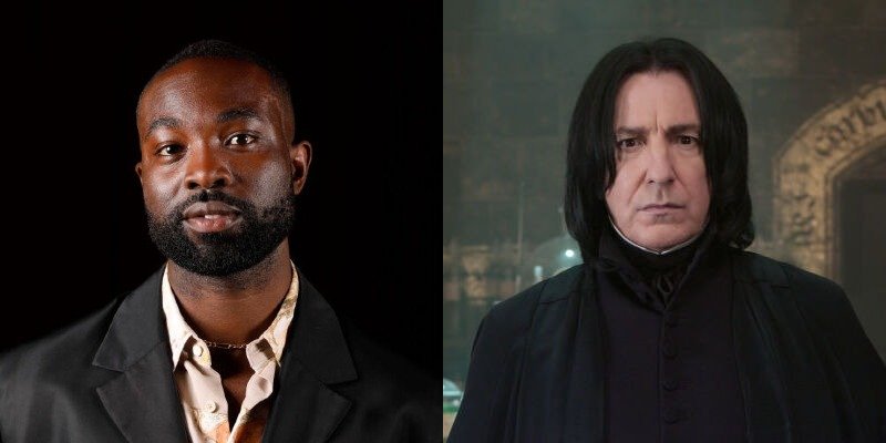 Left: Paapa Essiedu poses for a portrait in Brooklyn in May 2022. Right: Alan Rickman as Severus Snape on set in 2006.