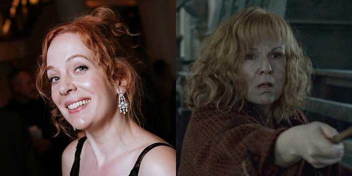 Left: Katherine Parkinson at the BAFTA Television Awards at The Royal Festival Hall in London in May 2025. Right: Julie Walters as Molly Weasley in a scene from the final Harry Potter film in 2011.
