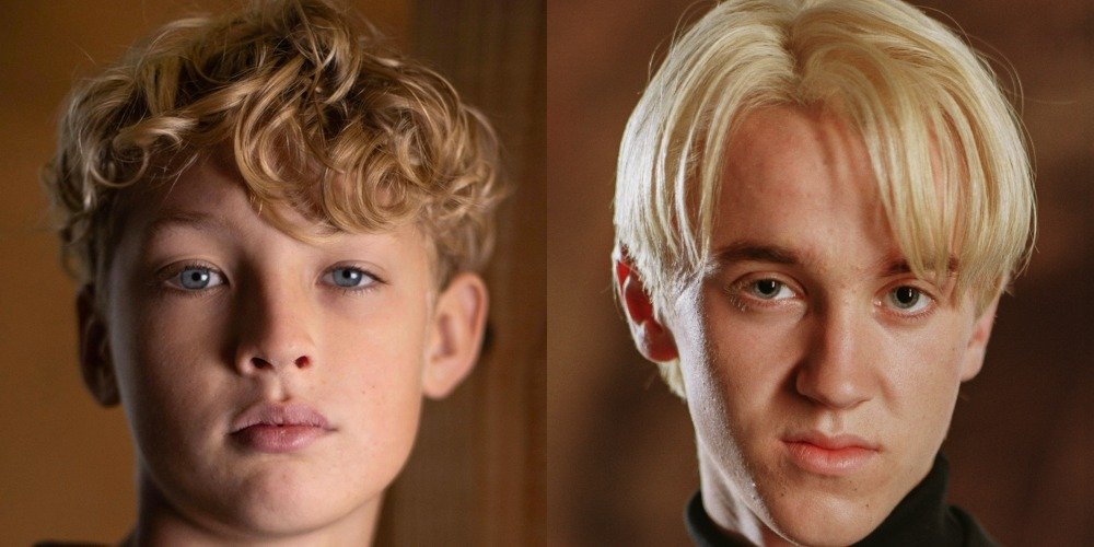 Left: Lox Pratt. Right: Tom Felton as Draco Malfoy on set in 2004.