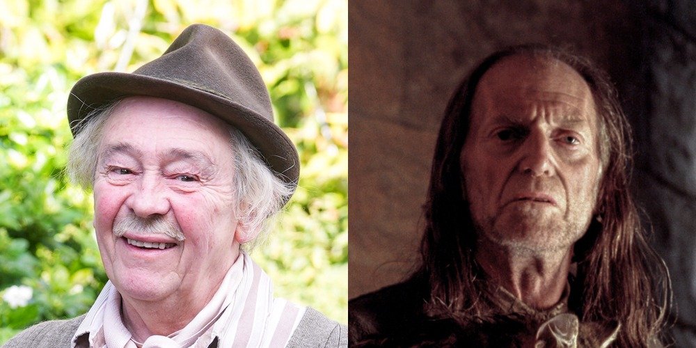 Left: Paul Whitehouse as Grandad in "Only Fools and Horses The Musical" during a promotional photo call in London in September 2024. Right: David Bradley as Argus Filch on set in 2004.