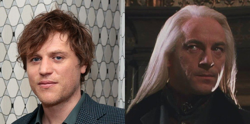 Left: Johnny Flynn at a promotional event for "Ripley" in New York City in March 2024. Right: Jason Isaacs as Lucius Malfoy in a scene from the second Harry Potter film in 2002.