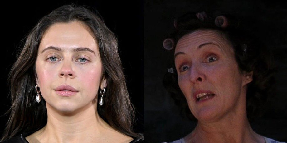 Left: Bel Powley walks the runway during London Fashion Week in February 2025. Right: Fiona Shaw as Petunia Dursley in a scene from the first Harry Potter film in 2001.