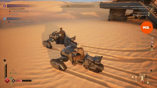 Visiting another player in Dune Awakening: Two players ride sandbikes side by side.