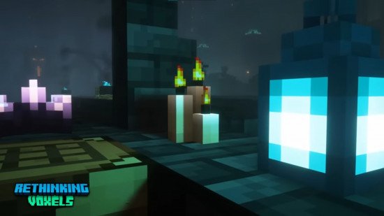 minecraft-shaders-rethinking-voxels Candles glow in the blue light of a soul lantern thanks to the Rethinking Voxels shader, one of the best Minecraft shaders.