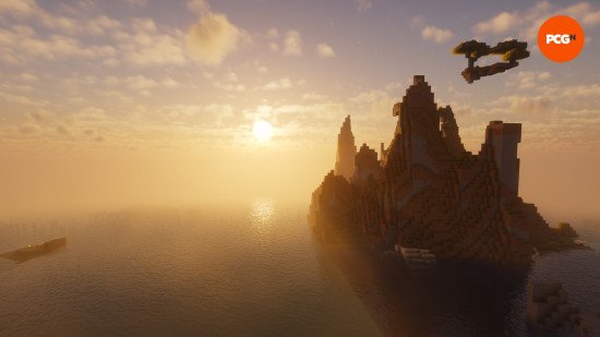 minecraft-photon-shader A beautiful sunset over a jagged mountain with one of the best Minecraft shaders installed.