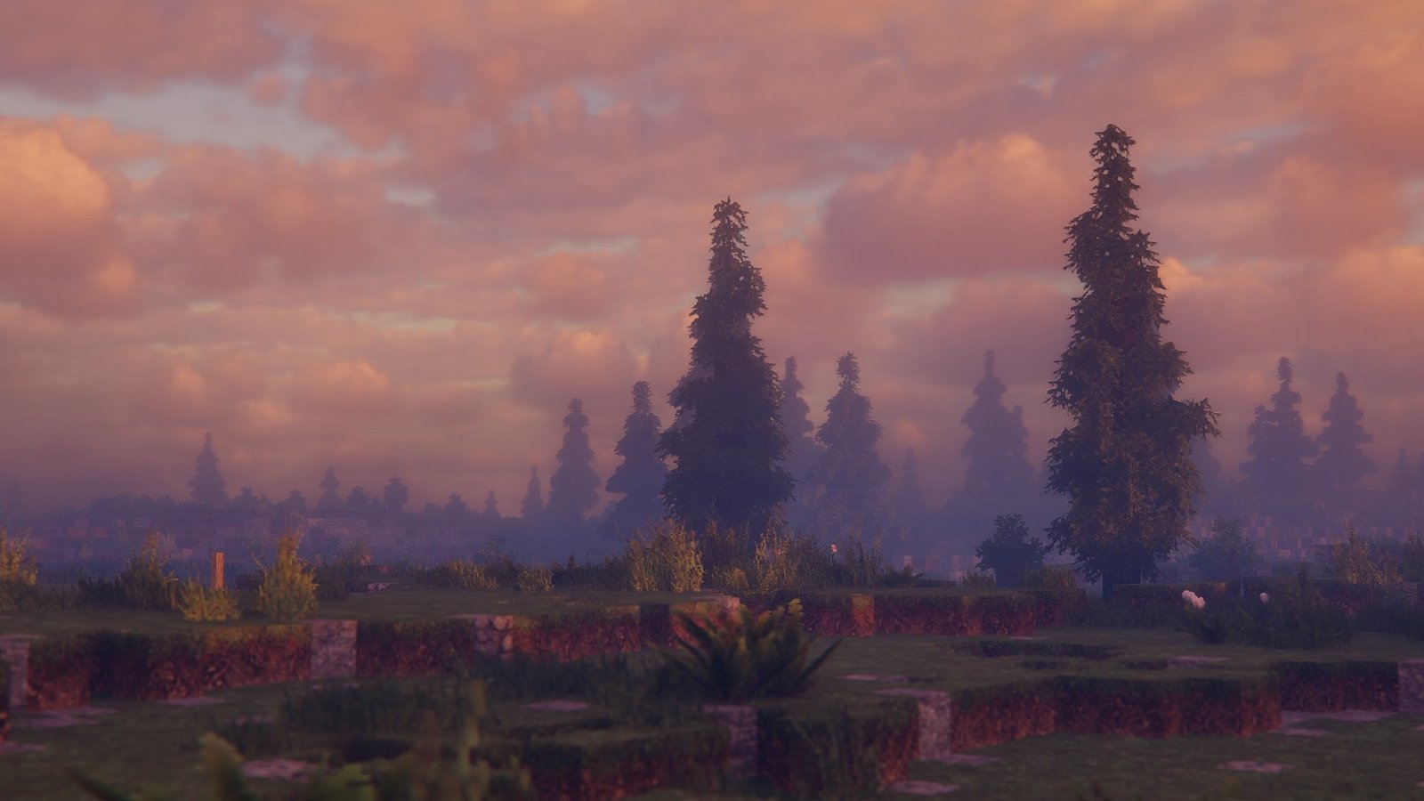 kappa-minecraft-shader A realistic landscape in Minecraft with a pink sunset and fluffy clouds, created by the Kappa Minecraft shader pack.