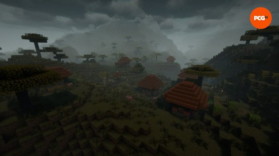 Minecraft-shaders-spooklementary A gloomy, grey Minecraft world using Spooklementary, one of the best Minecraft shaders.