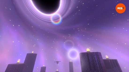 minecraft-shaders-super-vanilla A black hole looms as a stunning purple sky glows in The End thanks to Super Duper Vanilla, one of the best Minecraft shader packs.