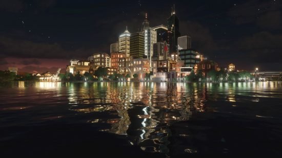 minecraft-shaders-seus Best Minecraft shaders: A cityscape glows bright in the dark and is reflected in the realistic water surrounding it with new Continuum RT shaders equipped