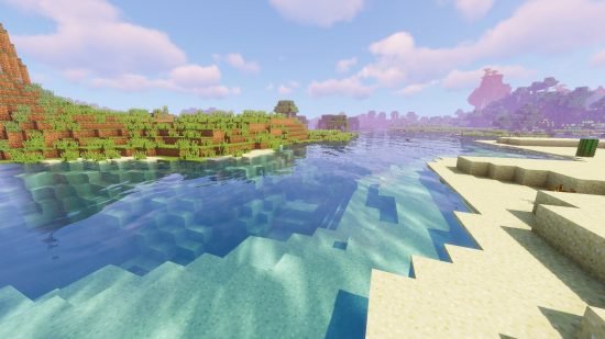 minecraft-shaders-sildurs Best Minecraft shaders: The Sildurs Vibrant Shaders show a bright looking river with realistic looking water.