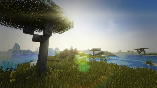 minecraft-shaders-werrus Best Minecraft Shaders - The Werrus shader showing a field with lakes and the glare from the sun.