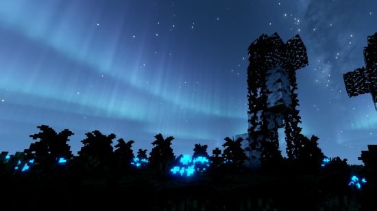 best-minecraft-shaders-solas-aurora Best Minecraft shaders: aurora borealis appears in the night sky in Minecraft with Solas shaders installed.