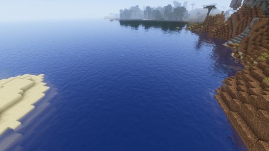 minecraft-shaders-drdestens An open expanse of water in one of the best Minecraft shaders, DrDesten's MCShaders, with a more realistic wave design to the water's surface.
