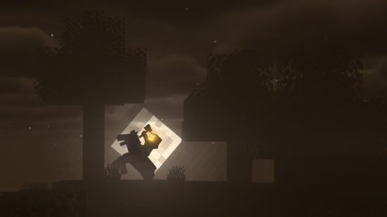 minecraft-insanity-shader A Minecraft player wearing a jack-o-lantern on their head rides a horse in a gloomy, brown-tinted Minecraft scene in one of the best Minecraft shaders, Insanity Shader.