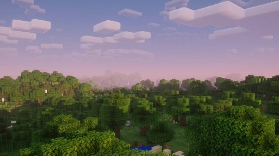 Best Minecraft shaders Nostalgia Best Minecraft shaders: a view of the skyline and trees in the Nostalgia shader during sunset.