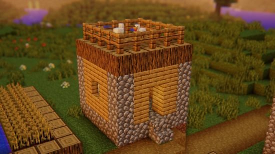 minecraft-potato-shader A small hut with chickens on the roof, and a warm glow in the atmosphere, thanks to one of the best Minecraft shaders, Potato shaders.