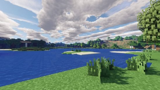 minecraft-shaders-ebin Best Minecraft shaders - Ebin shader showing a deep blue lake.