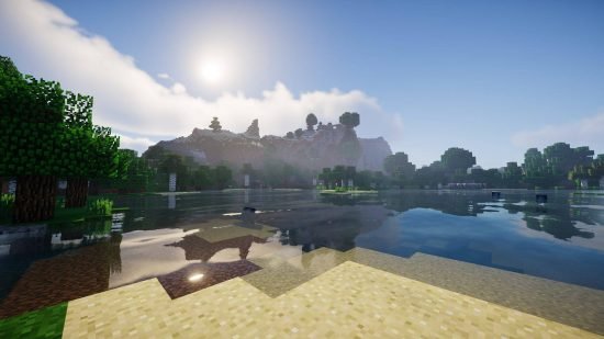 minecraft-shaders-chocopic Best Minecraft shaders: the Chocopic shader showing a lakefront where the water is crystal clear.