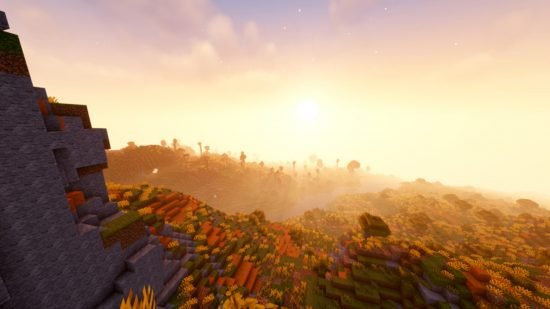 minecraft-shaders-unreal Best Minecraft shaders: A sunset in Minecraft with Unreal shaders installed.