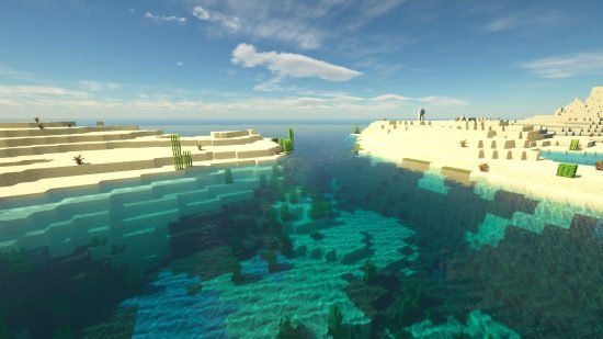 minecraft-shaders-seus Minecraft shaders: Stunning, rippling water flows between two desert coasts in Minecraft with the realistic seus shaders installed
