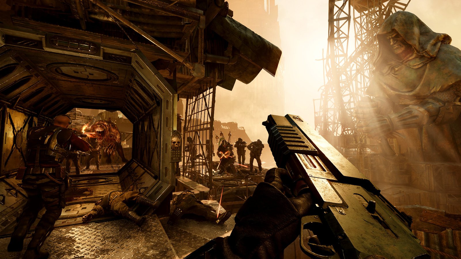 Warhammer 40k Darktide - A person feeds shells into a shotgun as Chaos hordes approach.