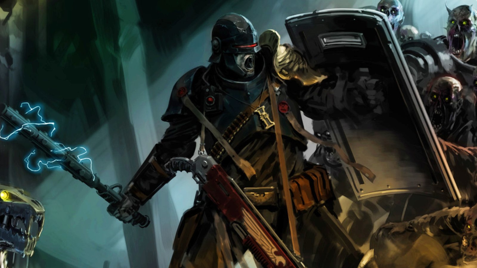Warhammer 40k Darktide - Artwork of the Adeptus Arbites holding back a horde with his shield and shock maul.