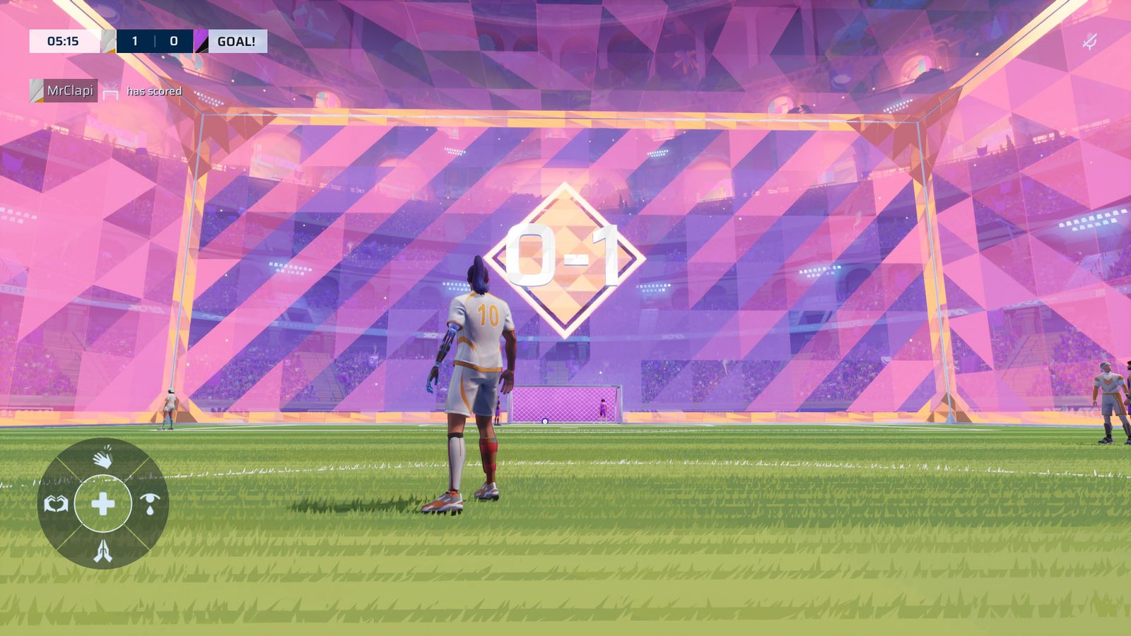 A Rematch screenshot showing the character on field and the score showing on the walls around the place.