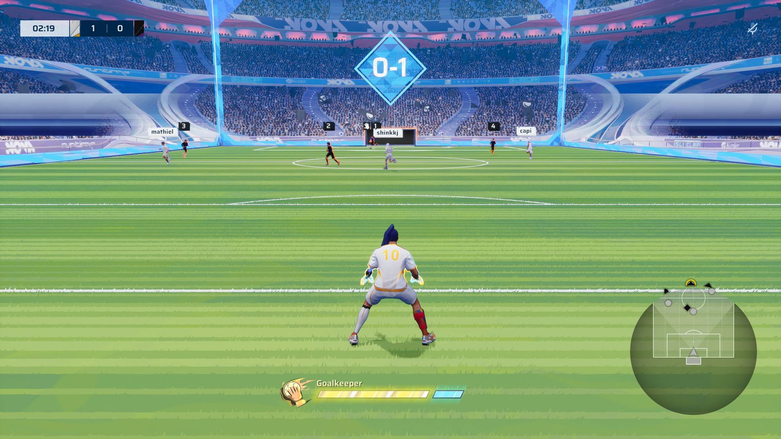 A Rematch screenshot showing the character playing the role of the goalkeeper.