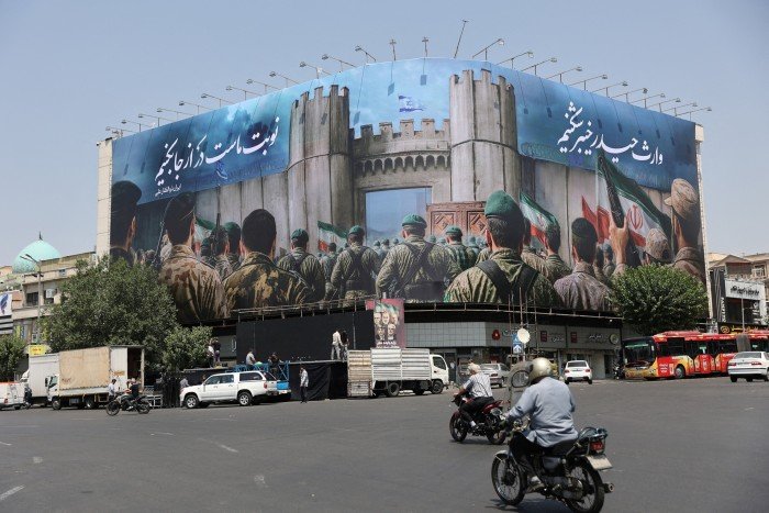 An anti-Israeli billboard is displayed following the Israeli strikes on Iran, in Tehran