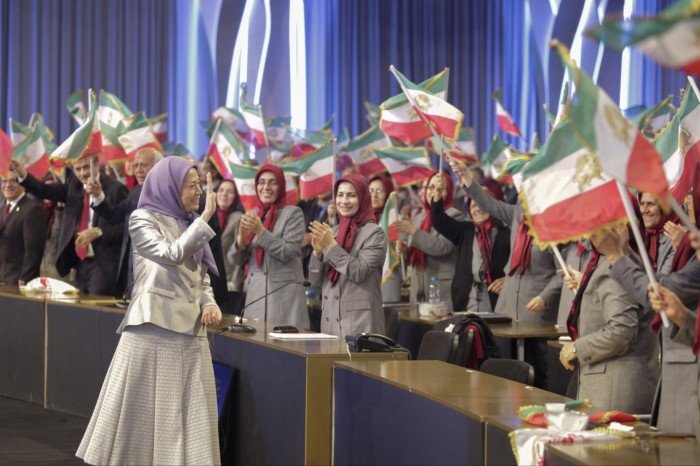 Maryam Rajavi, the President-elect of the National Council of Resistance of Iran (NCRI), greeting thousands of members of the main Iranian opposition group, the Mujahedin-e Khalq