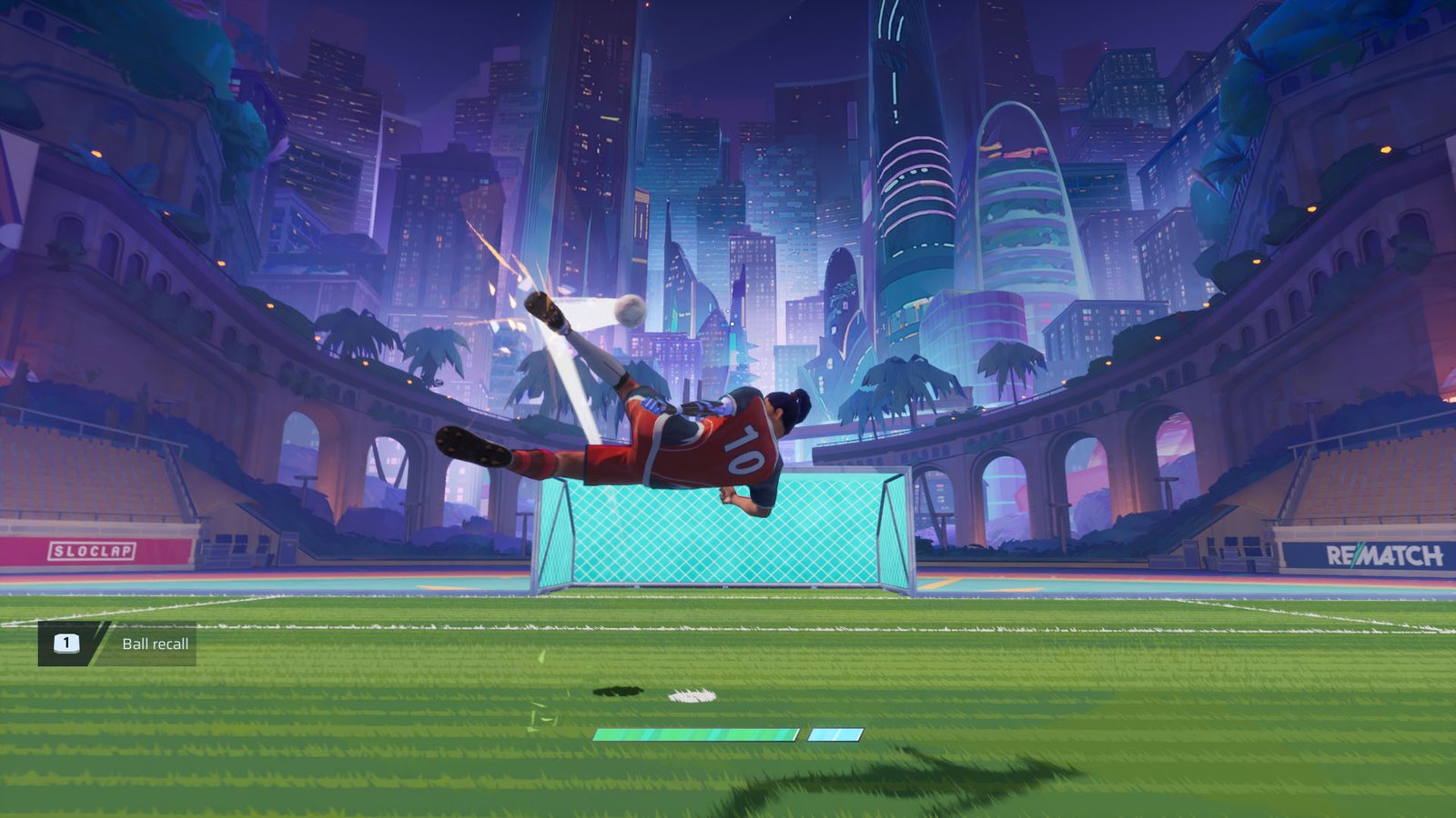 A Rematch screenshot showing a character performing a vollley.