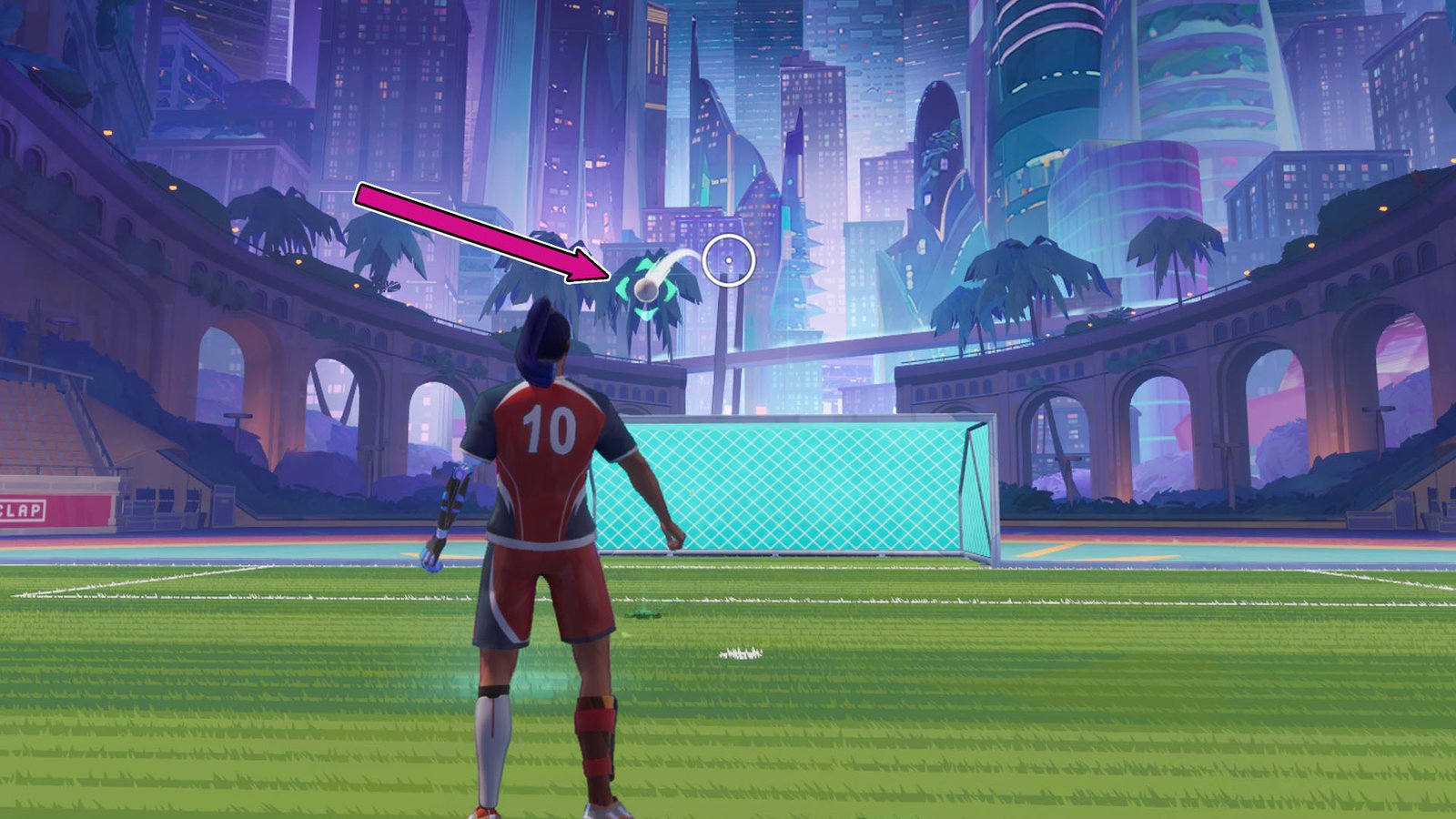 A Rematch screenshot showing the blue light brackets that appear around the ball indicating you can hit it in the air.