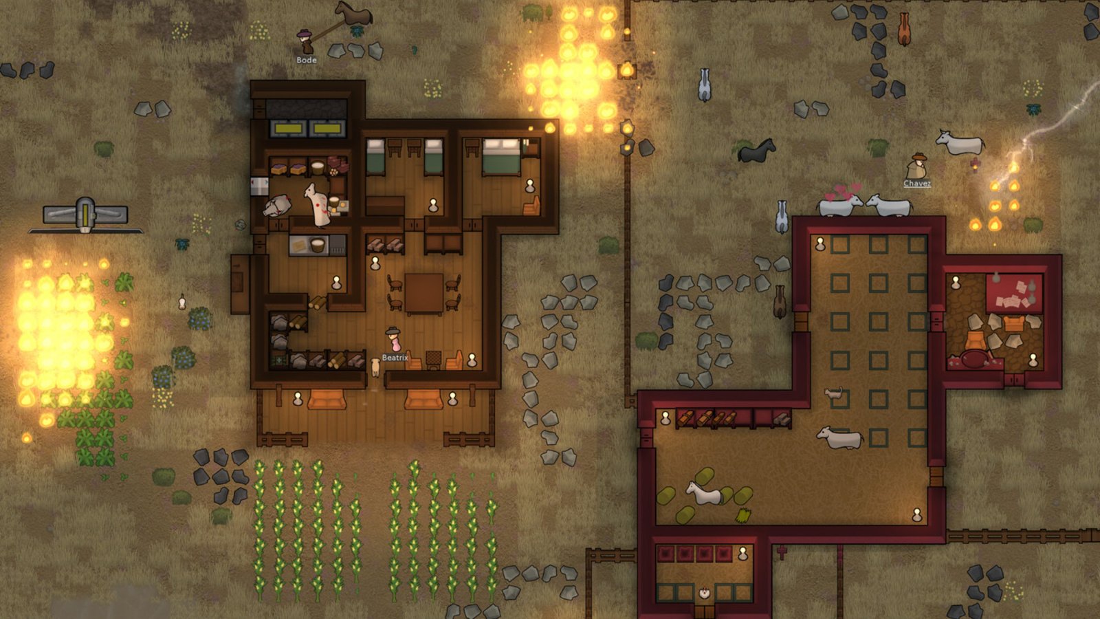 Rimworld Odyssey - FIres rage across a base in the Grasslands biome.