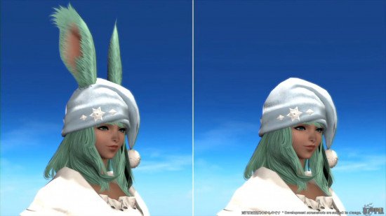 A Viera wearing a nightcap. One side shows Viera ears, and one side shows the character without them.