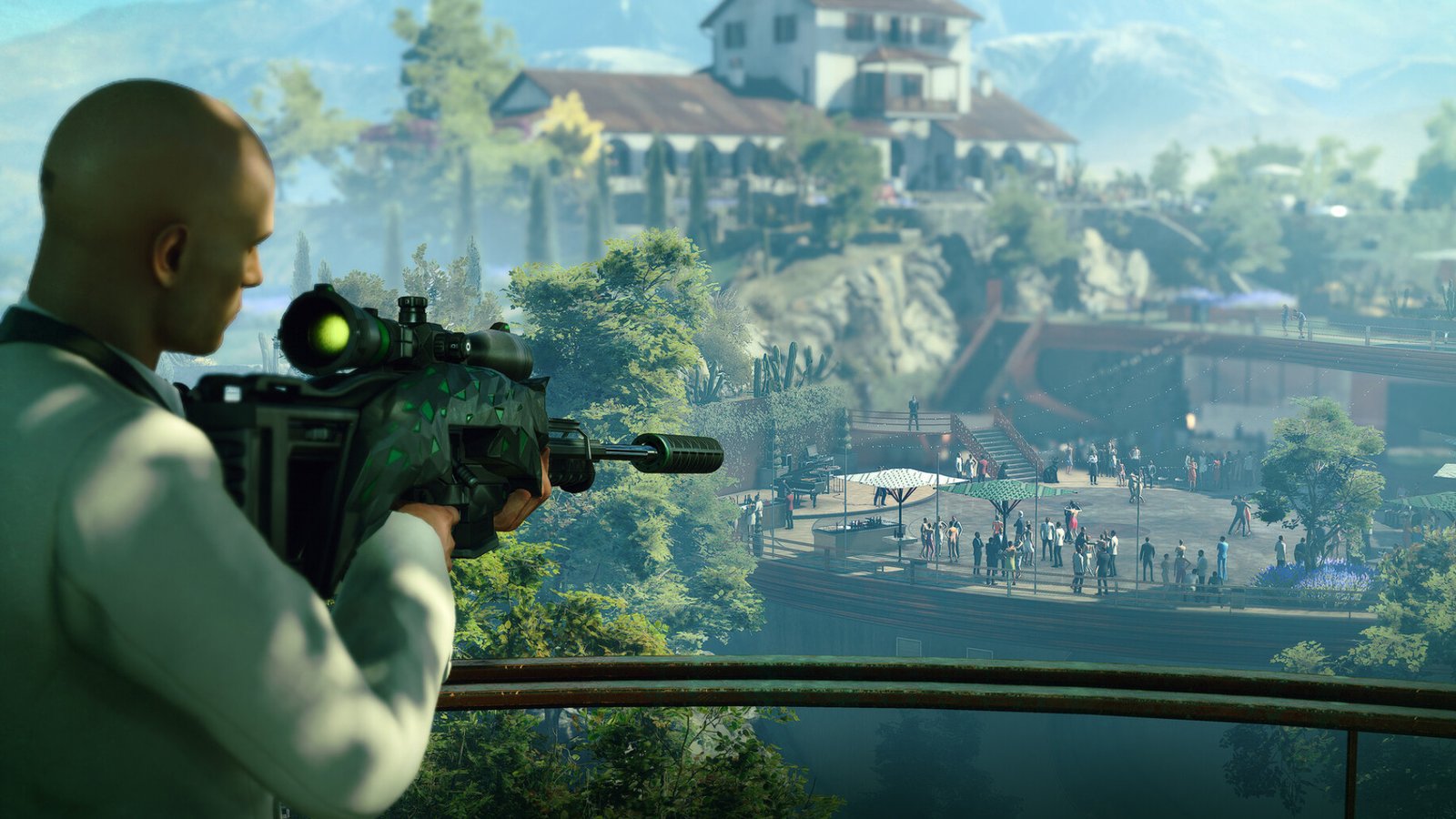 Hitman World of Assassination - Agent 47 watches over a party from distance.