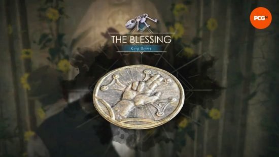 The Blessing medallion, a gilded coin showing the image of a hand, two fingers pointing up, an item in Alone in the Dark.